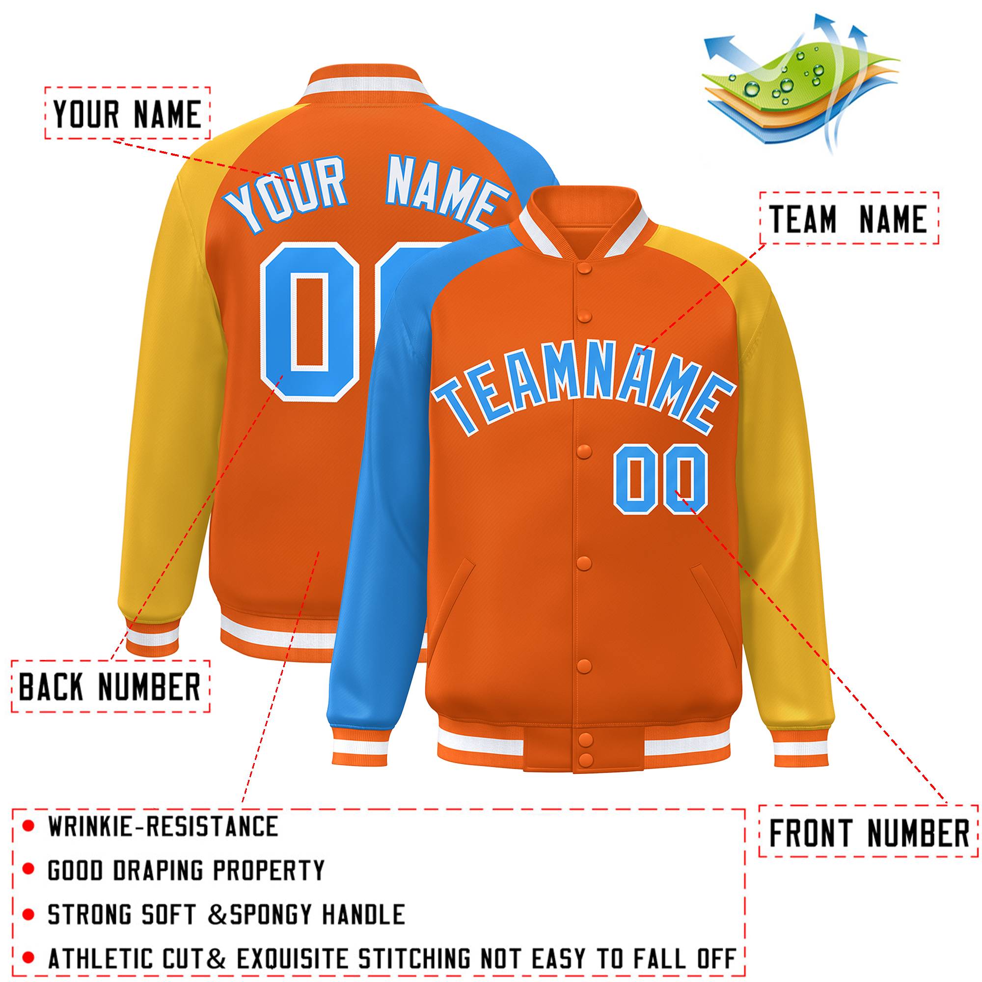 Custom Orange Gold-Royal Varsity Full-Snap Authentic Raglan Sleeves Letterman Bomber Jacket