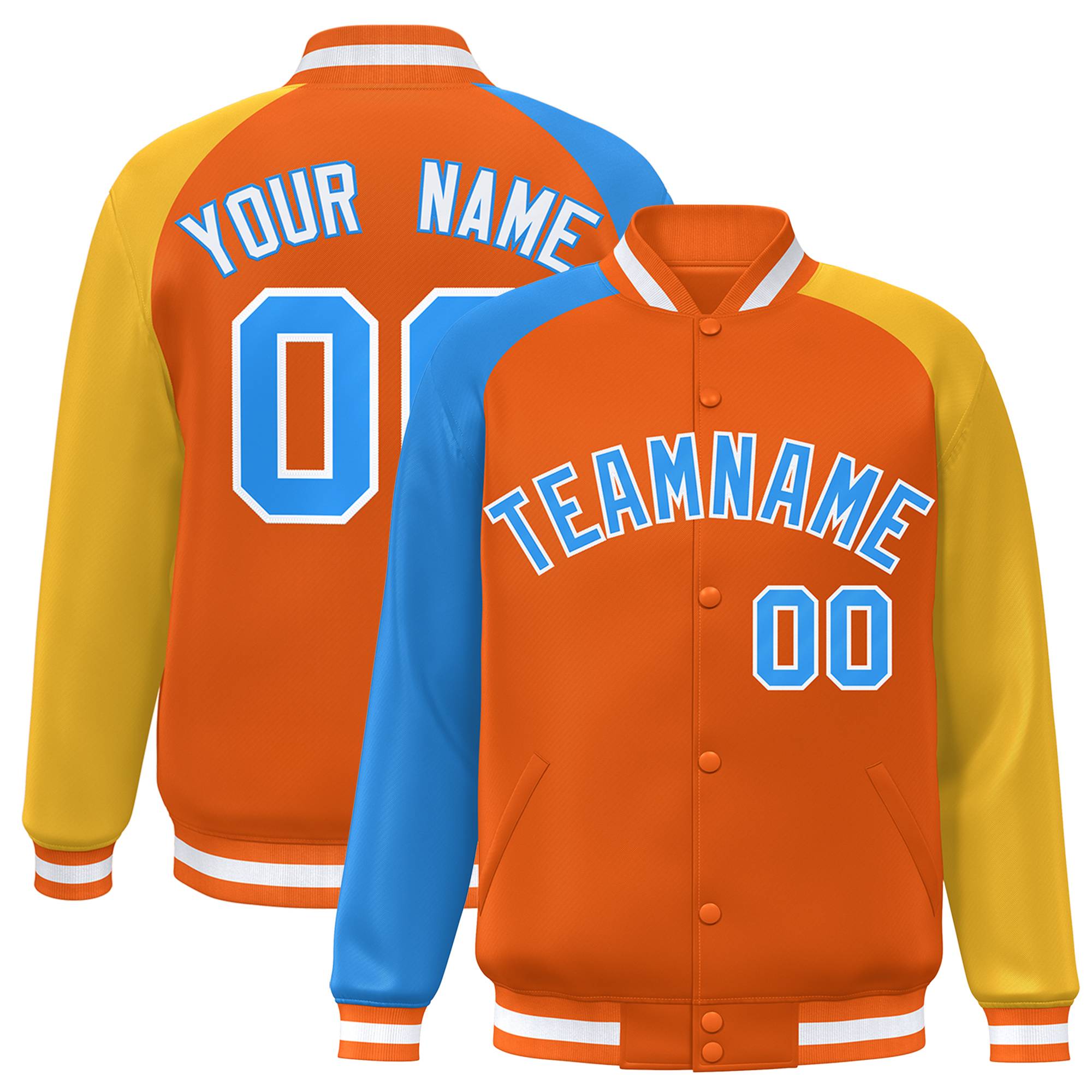 Custom Orange Gold-Royal Varsity Full-Snap Authentic Raglan Sleeves Letterman Bomber Jacket