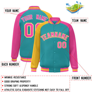 Custom Aqua Pink-Gold Varsity Full-Snap Authentic Raglan Sleeves Letterman Bomber Jacket