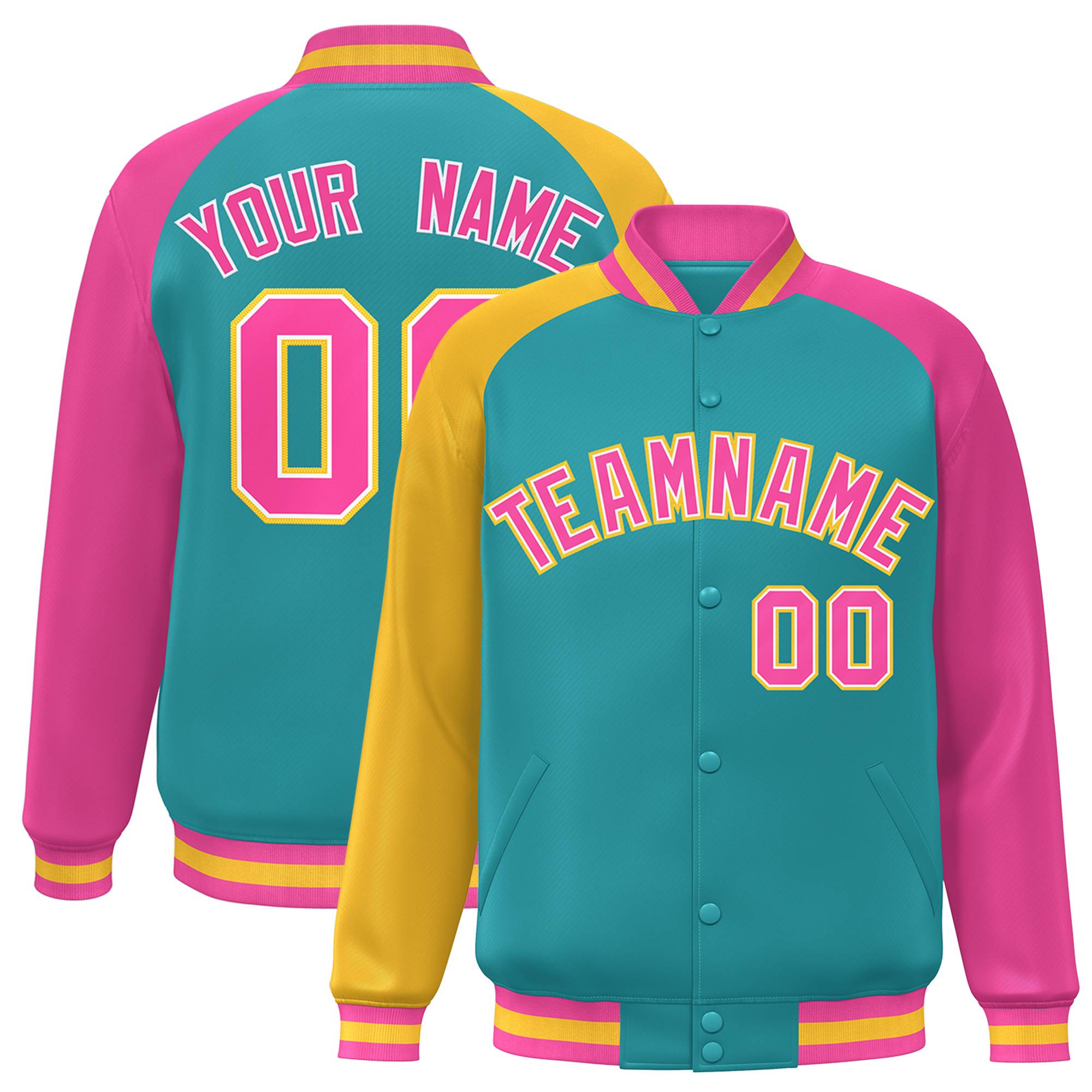 Custom Aqua Pink-Gold Varsity Full-Snap Authentic Raglan Sleeves Letterman Bomber Jacket