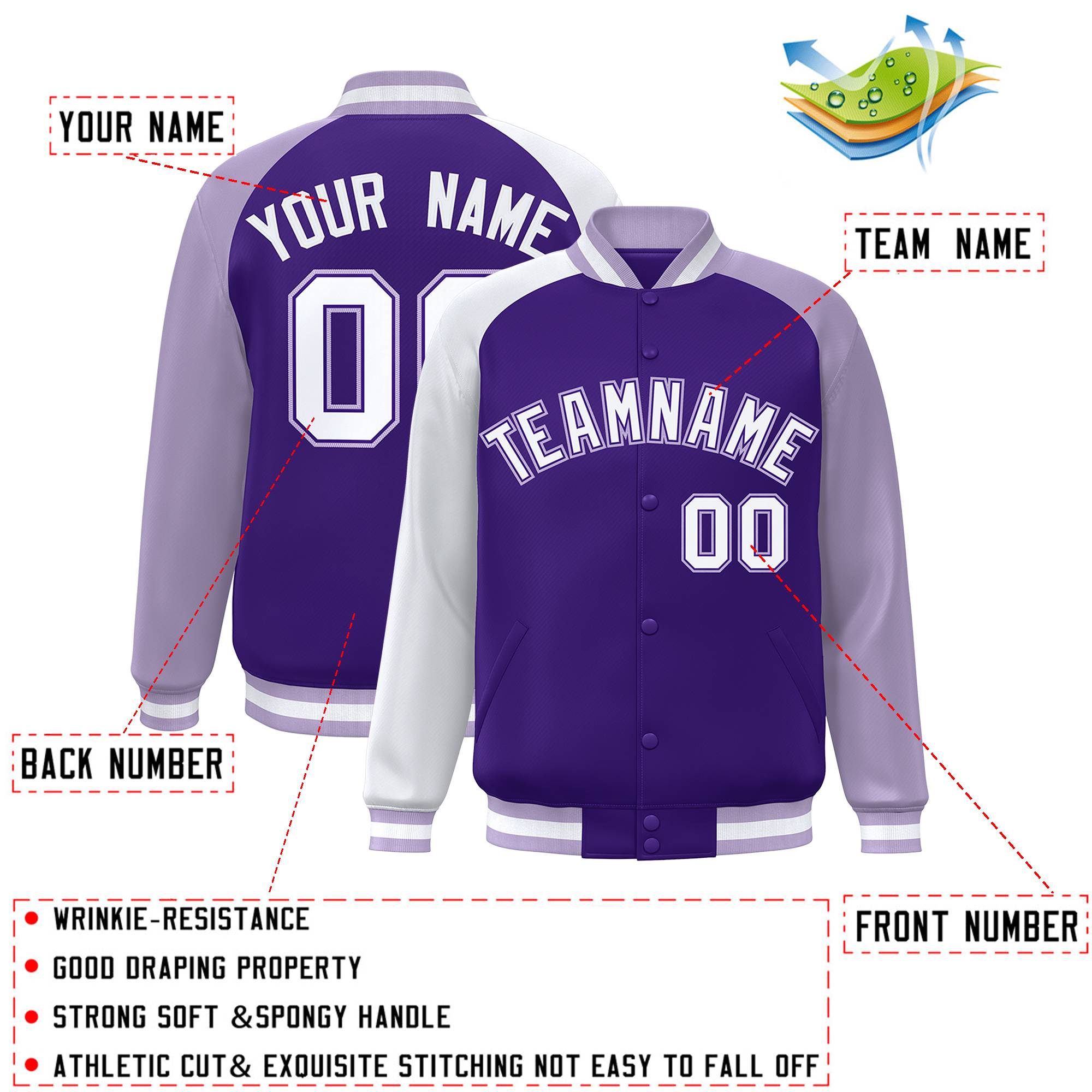 Custom Purple Light Purple-White Varsity Full-Snap Authentic Raglan Sleeves Letterman Bomber Jacket