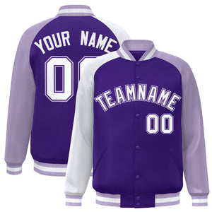 Custom Purple Light Purple-White Varsity Full-Snap Authentic Raglan Sleeves Letterman Bomber Jacket