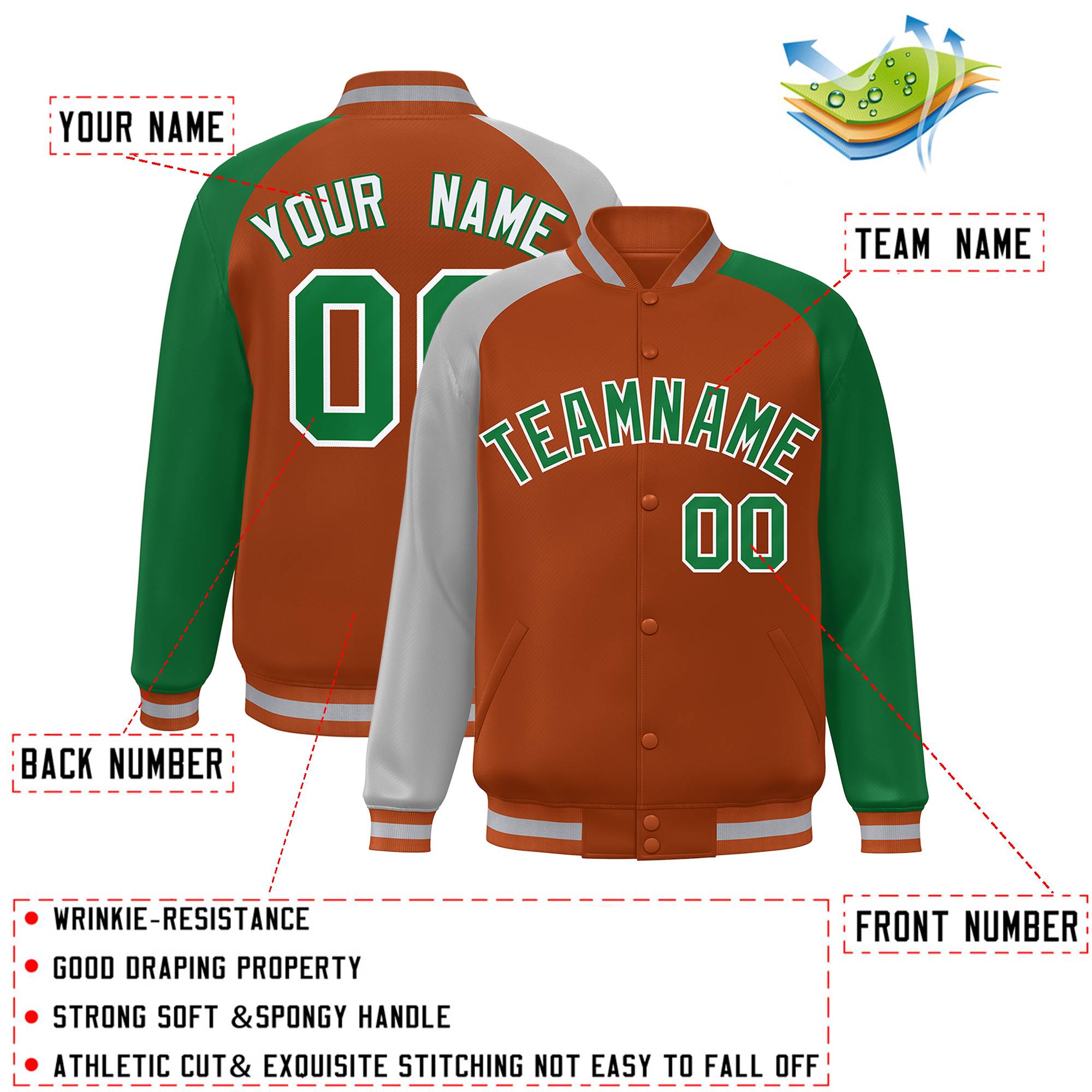 Custom Texas Orange Kelly Green-Gray Varsity Full-Snap Authentic Raglan Sleeves Letterman Bomber Jacket