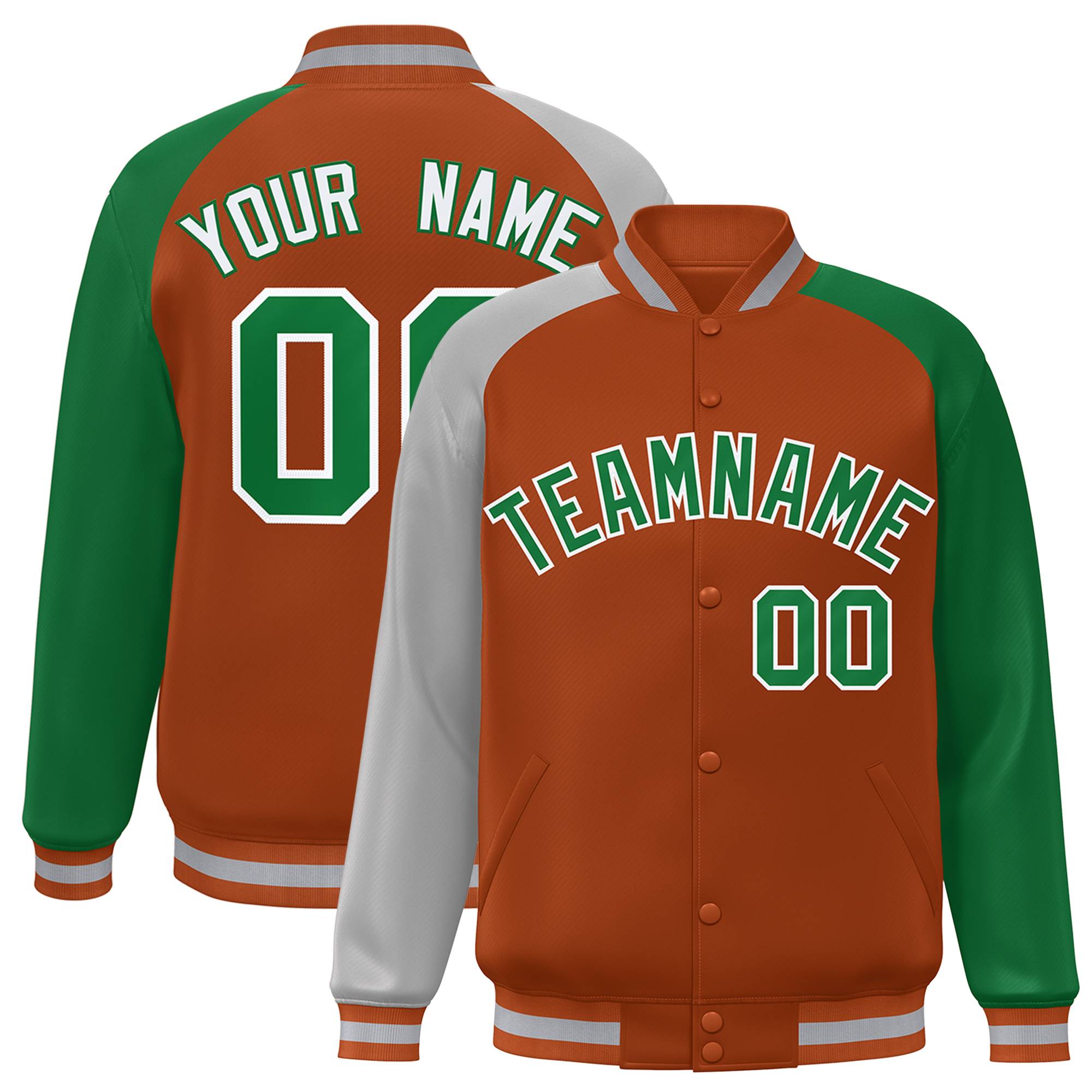 Custom Texas Orange Kelly Green-Gray Varsity Full-Snap Authentic Raglan Sleeves Letterman Bomber Jacket