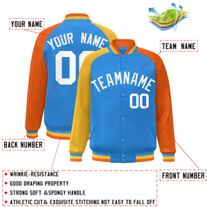 Custom Powder Blue Orange-Gold Varsity Full-Snap Authentic Raglan Sleeves Letterman Bomber Jacket