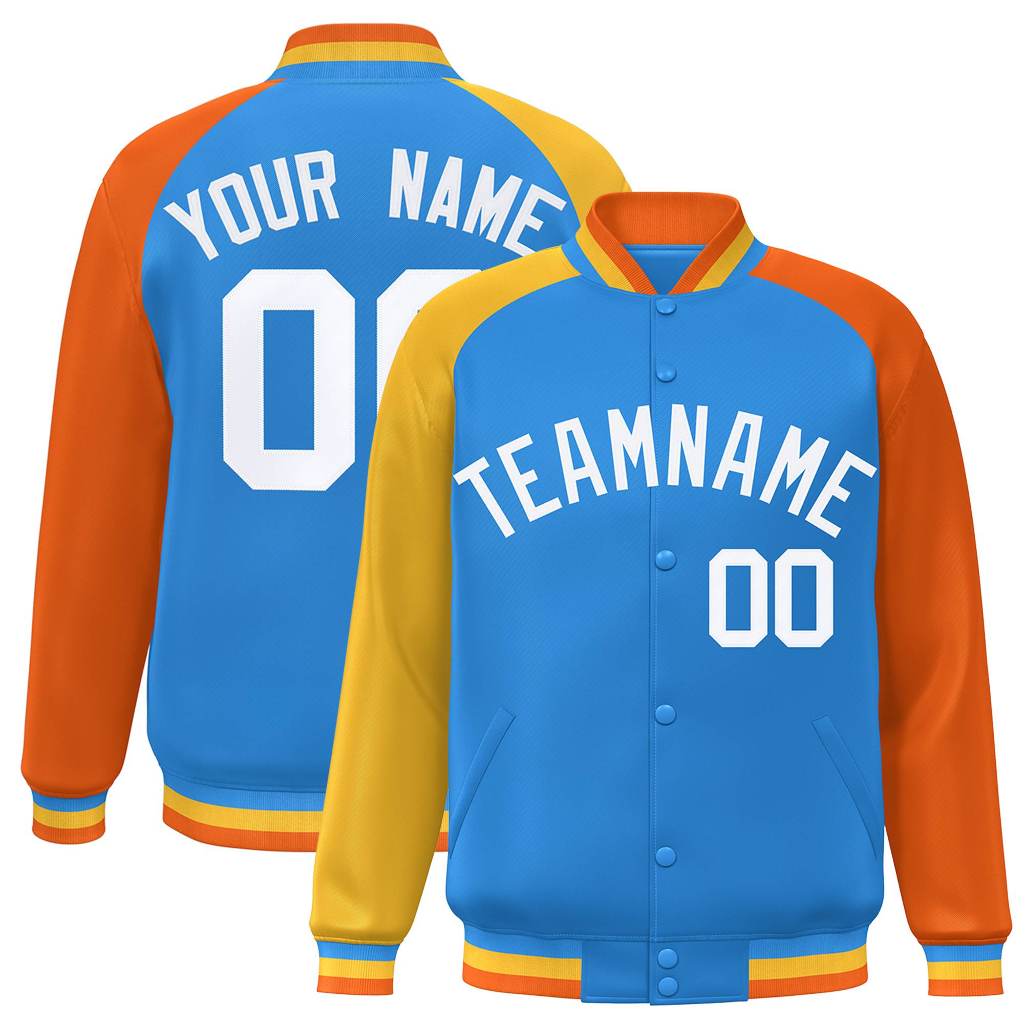 Custom Powder Blue Orange-Gold Varsity Full-Snap Authentic Raglan Sleeves Letterman Bomber Jacket