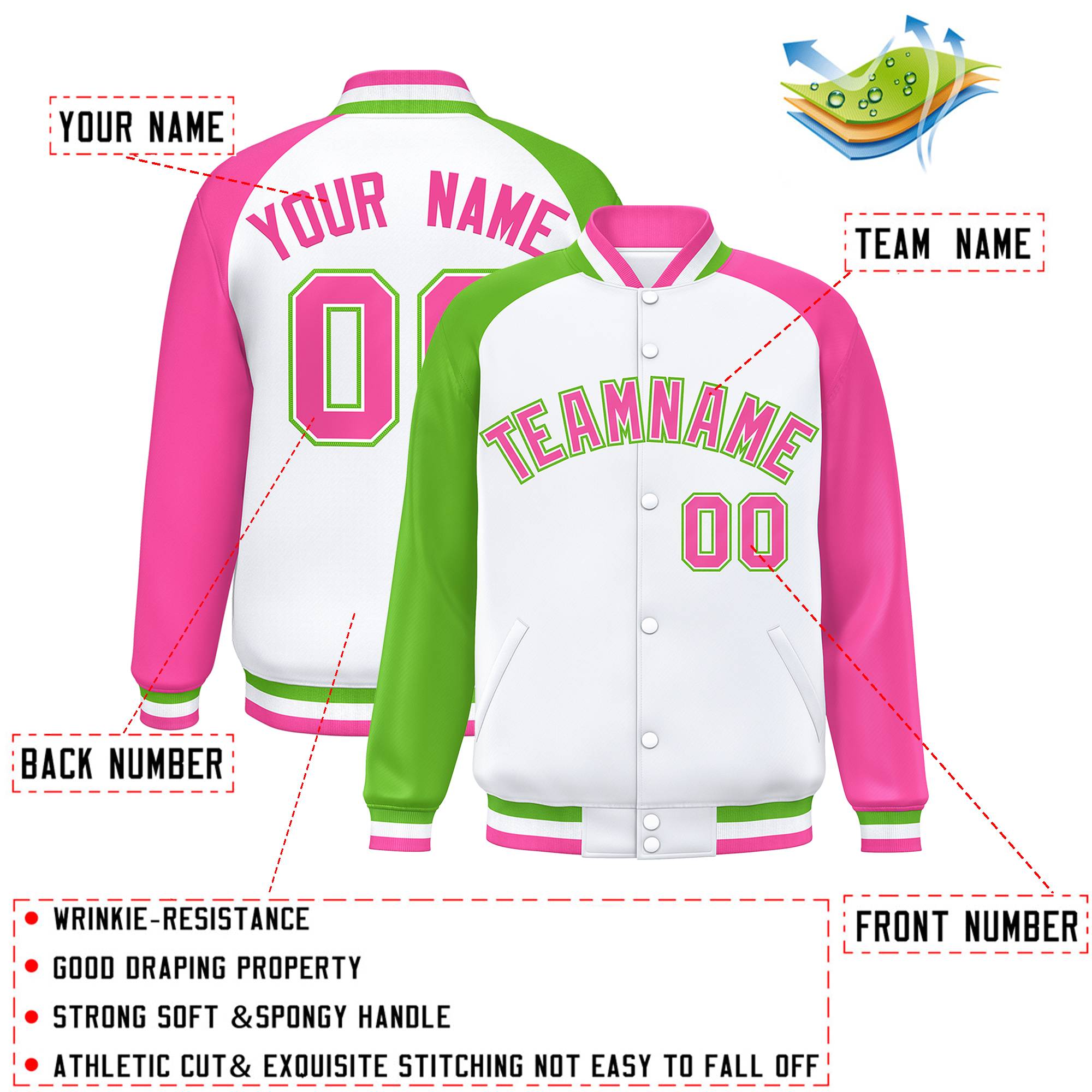 Custom White Pink-Green Varsity Full-Snap Authentic Raglan Sleeves Letterman Bomber Jacket