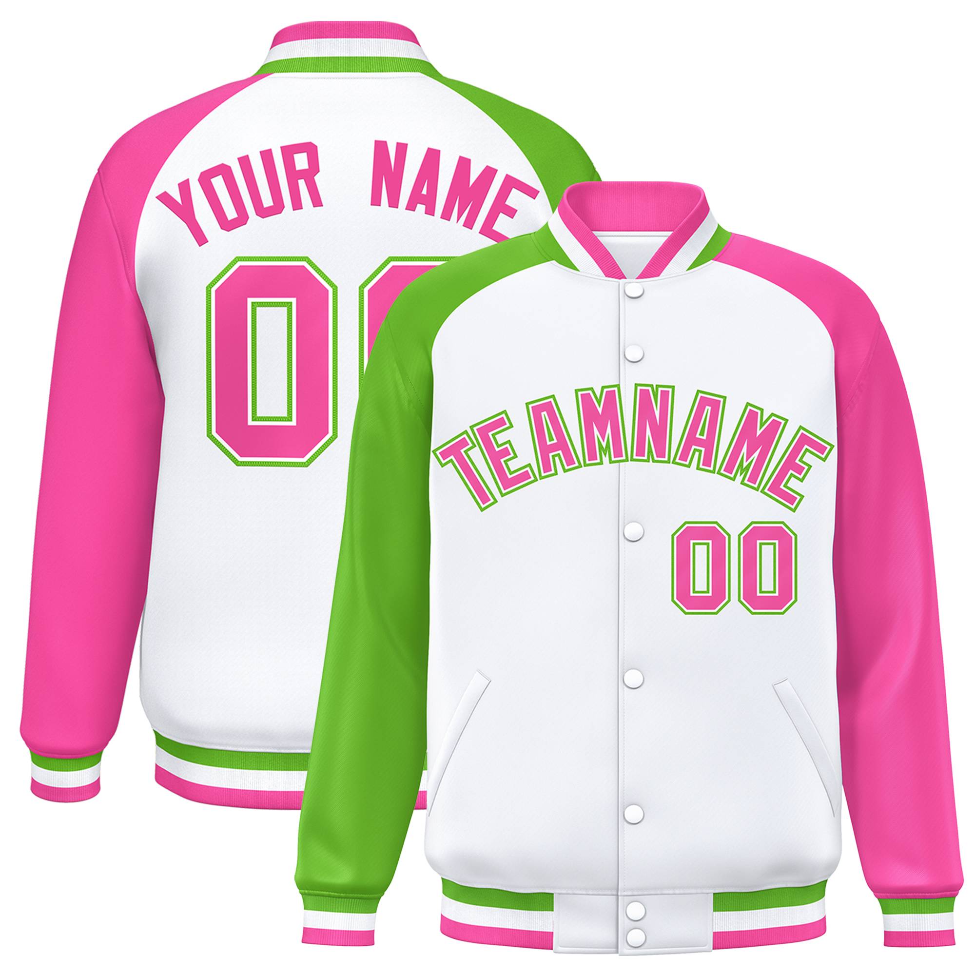 Custom White Pink-Green Varsity Full-Snap Authentic Raglan Sleeves Letterman Bomber Jacket