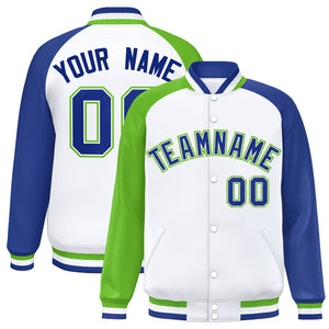 Custom White Royal-Green Varsity Full-Snap Authentic Raglan Sleeves Letterman Bomber Jacket