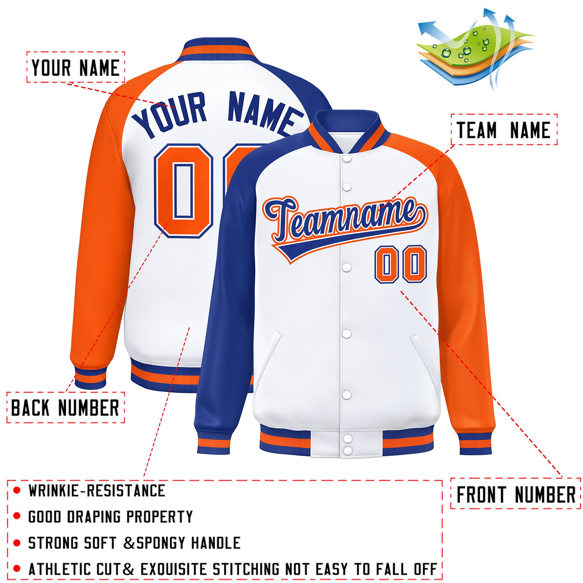 Custom White Orange-Royal Varsity Full-Snap Authentic Raglan Sleeves Letterman Bomber Jacket