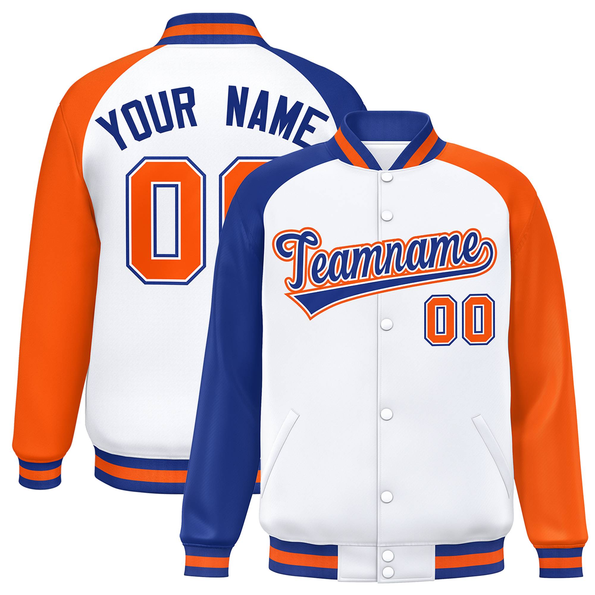 Custom White Orange-Royal Varsity Full-Snap Authentic Raglan Sleeves Letterman Bomber Jacket