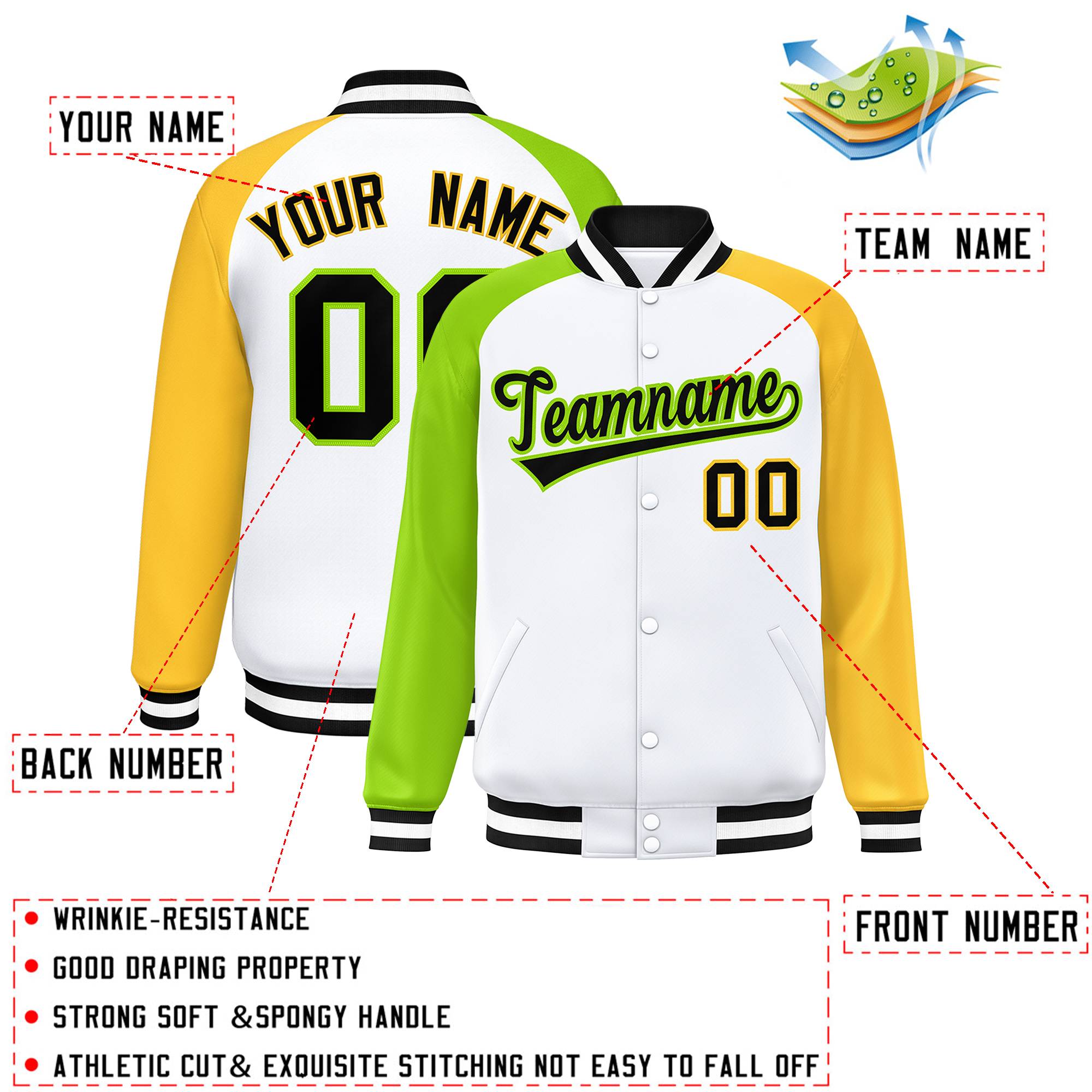 Custom White Gold-Neon Green Varsity Full-Snap Authentic Raglan Sleeves Letterman Bomber Jacket