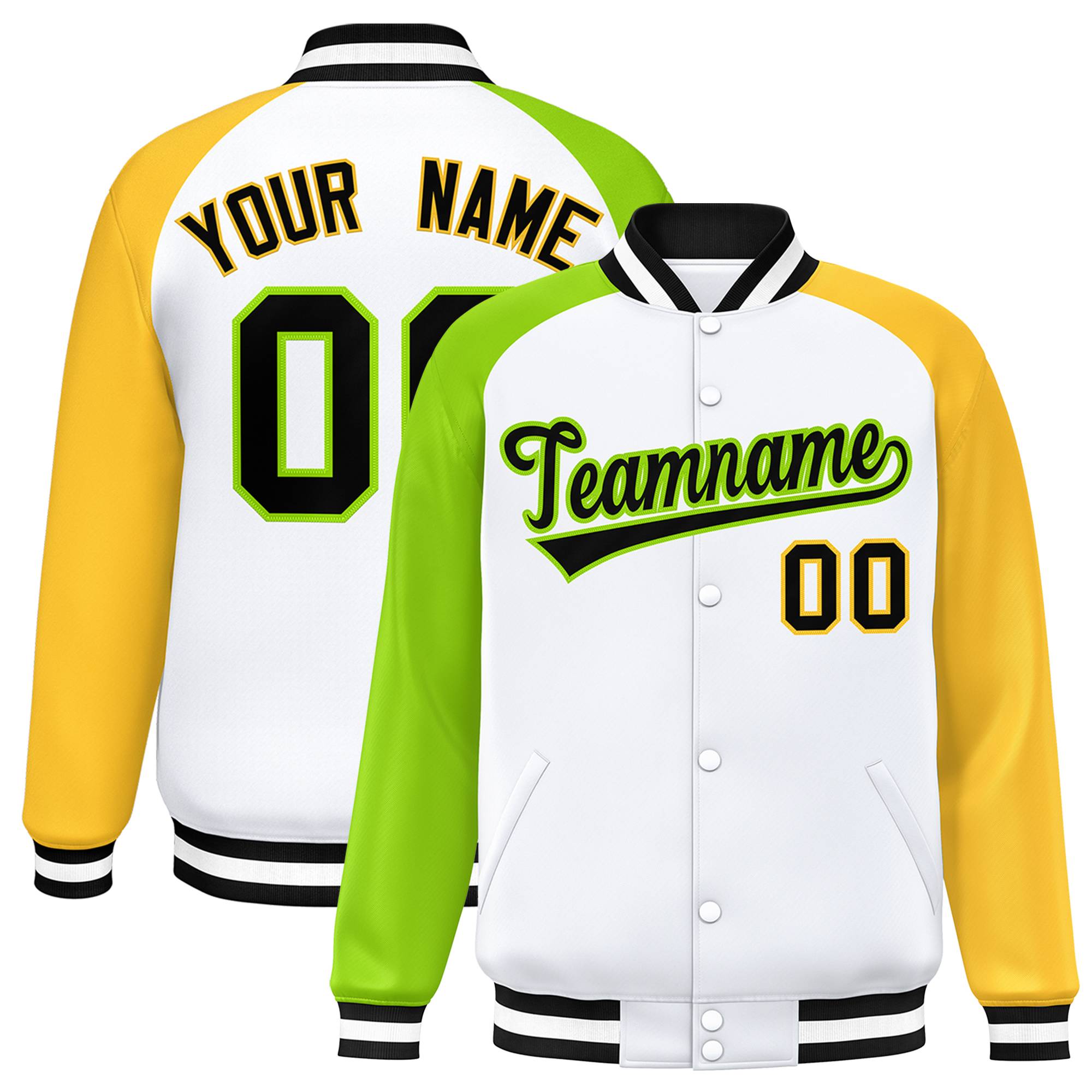 Custom White Gold-Neon Green Varsity Full-Snap Authentic Raglan Sleeves Letterman Bomber Jacket