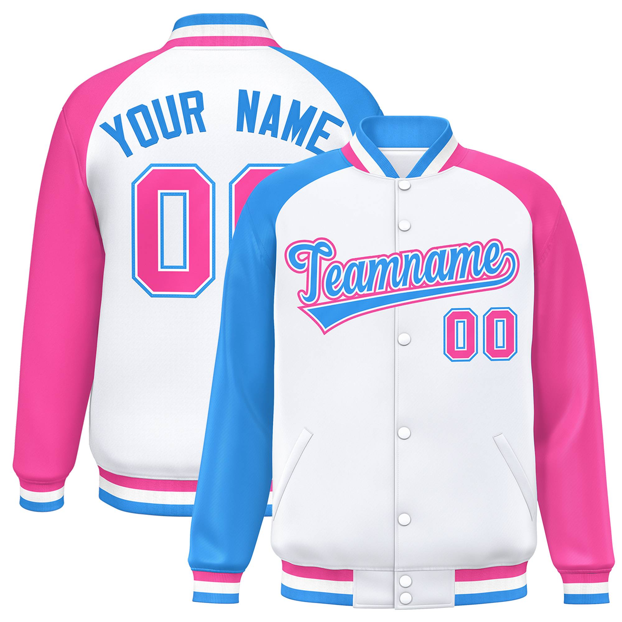 Custom White Pink-Powder Blue Varsity Full-Snap Authentic Raglan Sleeves Letterman Bomber Jacket