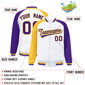 Custom White Purple-Gold Varsity Full-Snap Authentic Raglan Sleeves Letterman Bomber Jacket