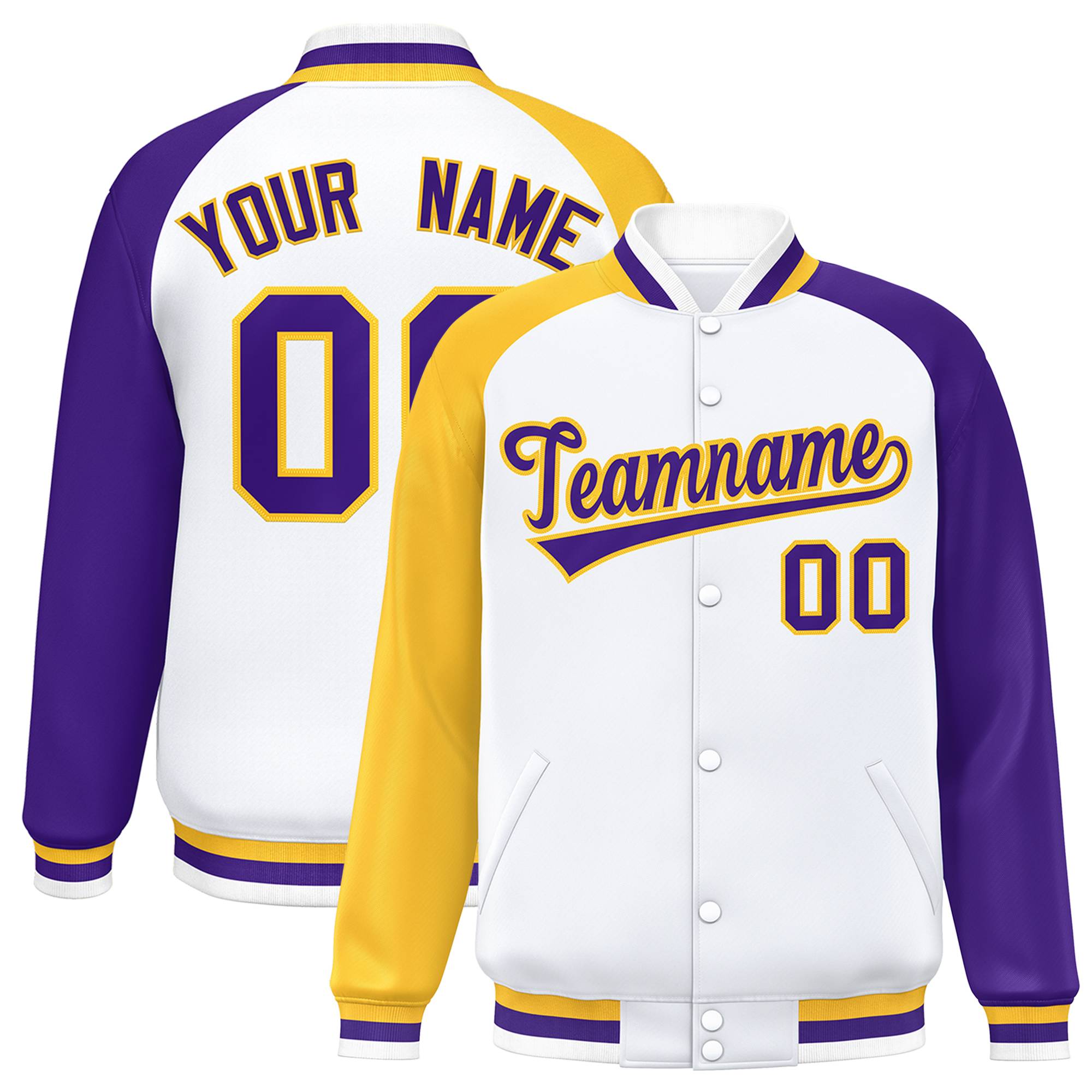 Custom White Purple-Gold Varsity Full-Snap Authentic Raglan Sleeves Letterman Bomber Jacket