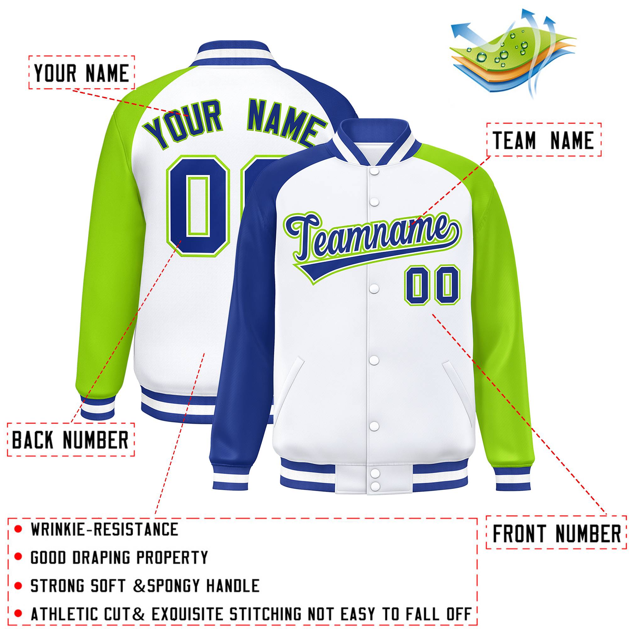 Custom White Neon Green-Royal Varsity Full-Snap Authentic Raglan Sleeves Letterman Bomber Jacket