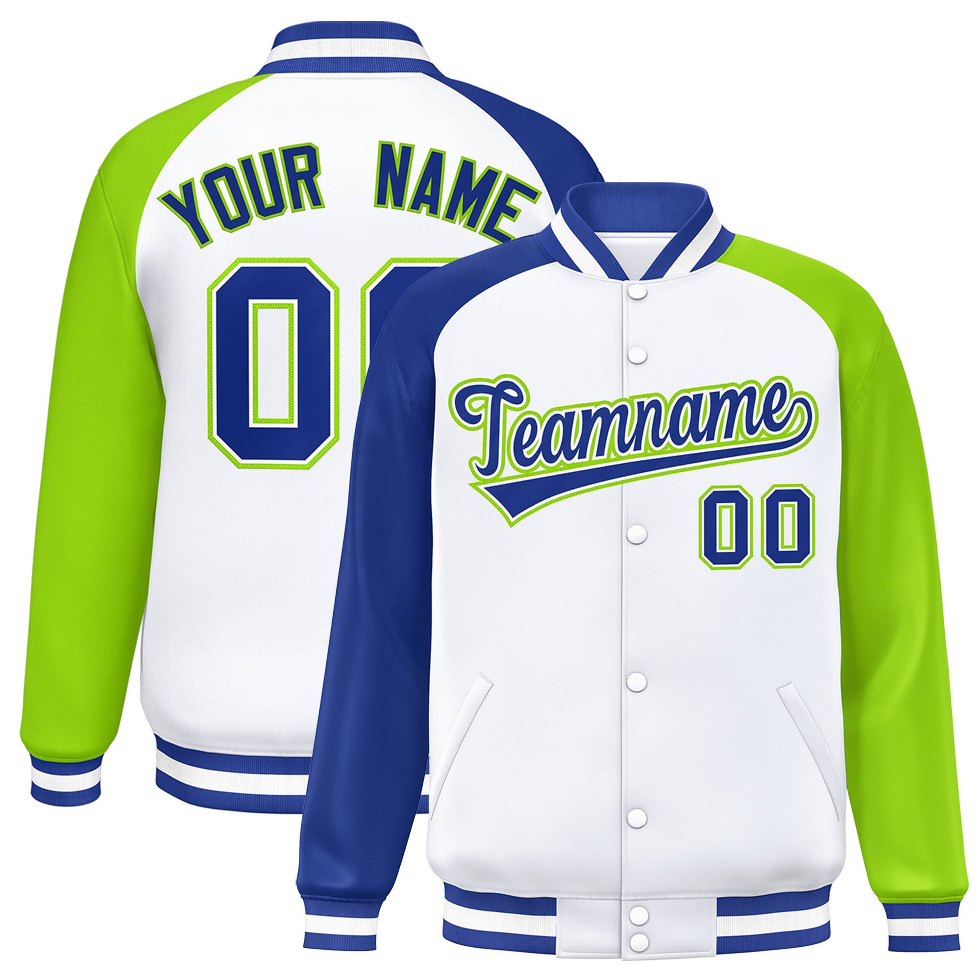 Custom White Neon Green-Royal Varsity Full-Snap Authentic Raglan Sleeves Letterman Bomber Jacket