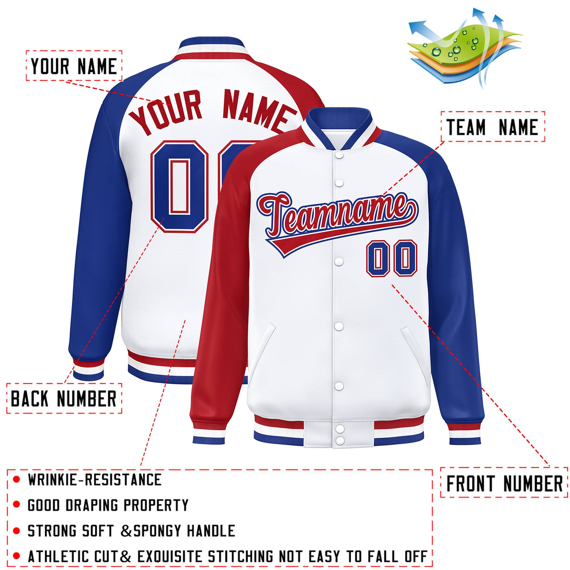 Custom White Royal-Red Varsity Full-Snap Authentic Raglan Sleeves Letterman Bomber Jacket