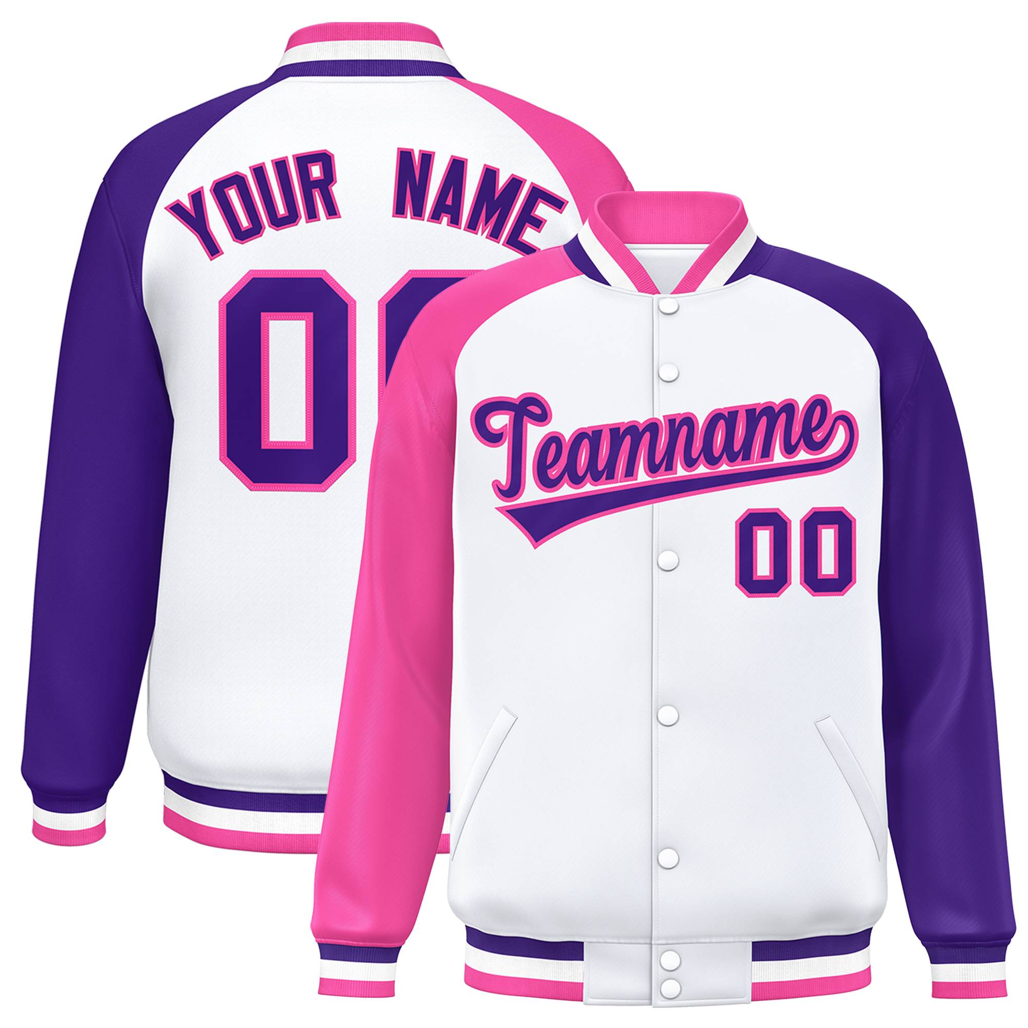 Custom White Purple-Pink Varsity Full-Snap Authentic Raglan Sleeves Letterman Bomber Jacket