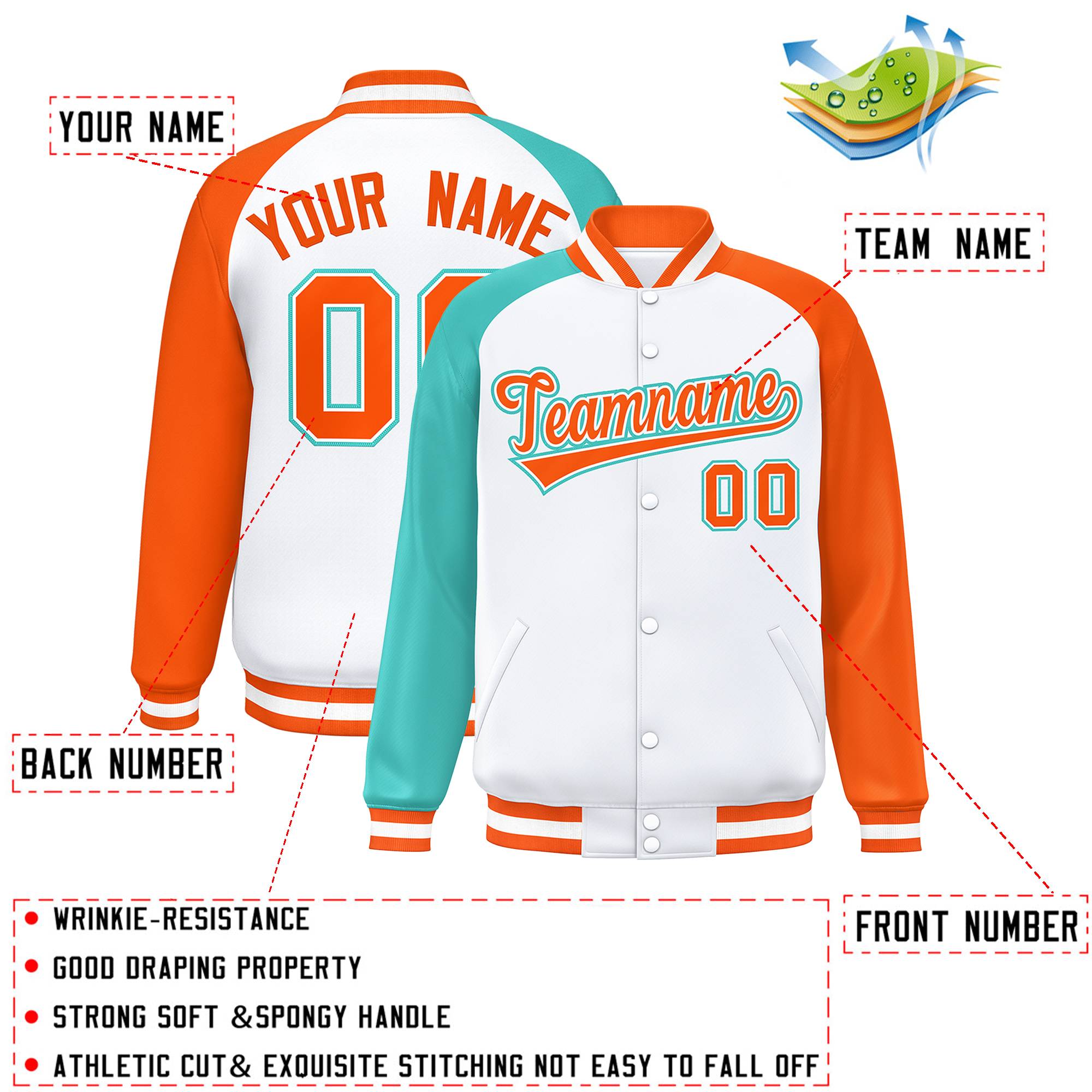 Custom White Orange-Bright Green Varsity Full-Snap Authentic Raglan Sleeves Letterman Bomber Jacket