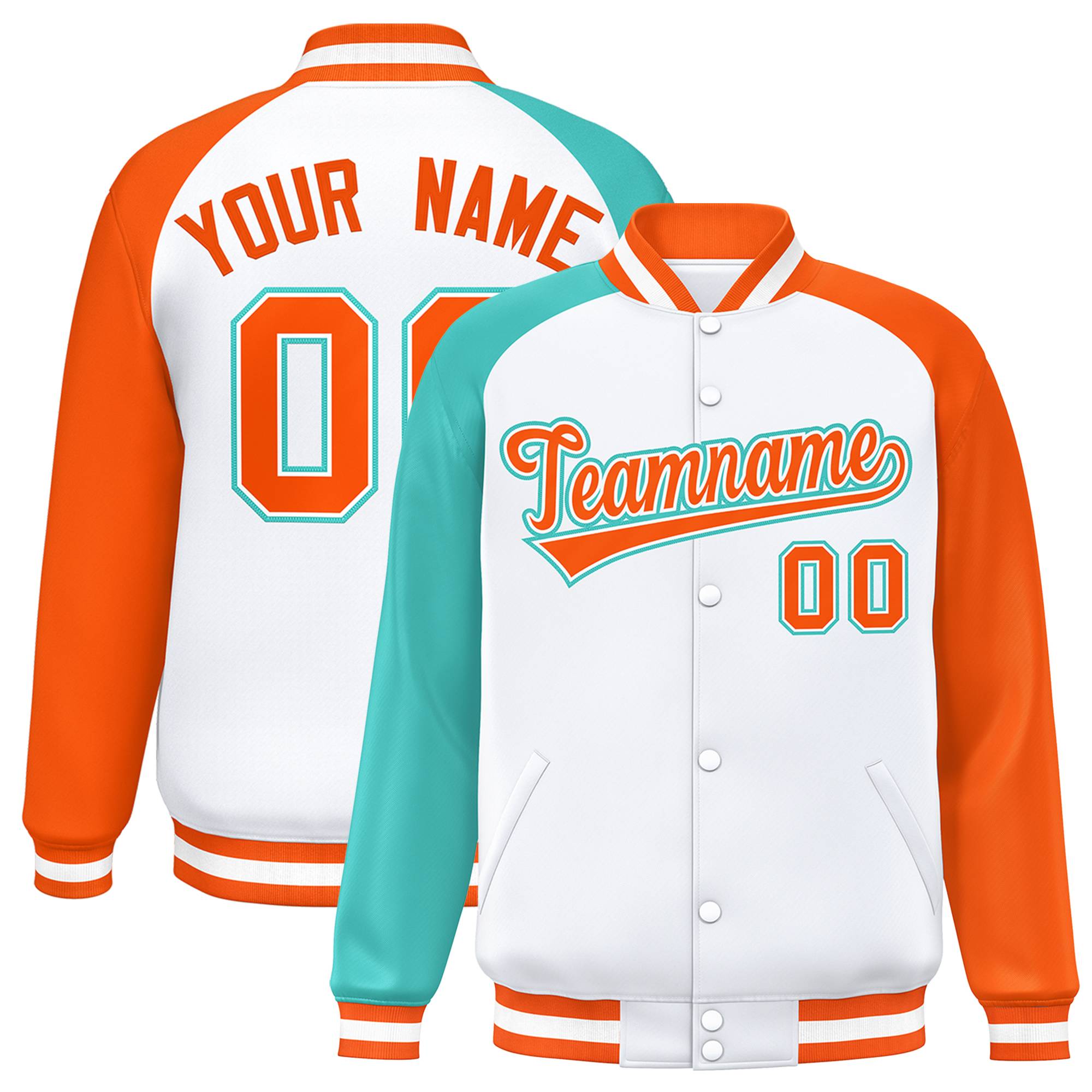 Custom White Orange-Bright Green Varsity Full-Snap Authentic Raglan Sleeves Letterman Bomber Jacket