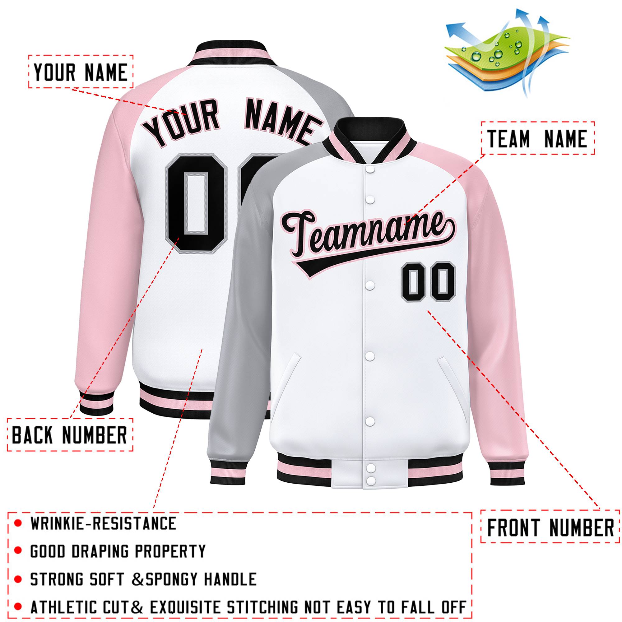 Custom White Light Pink-Gray Varsity Full-Snap Authentic Raglan Sleeves Letterman Bomber Jacket