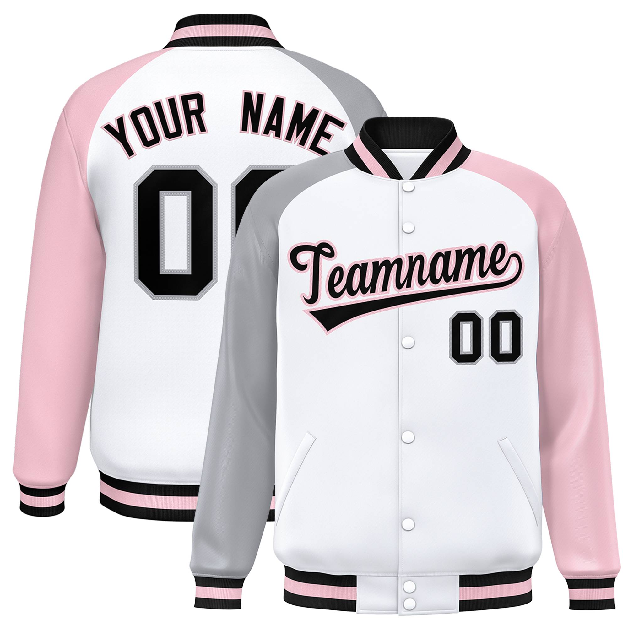 Custom White Light Pink-Gray Varsity Full-Snap Authentic Raglan Sleeves Letterman Bomber Jacket