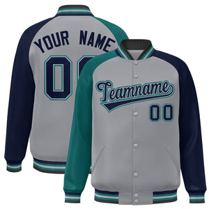 Custom Gray Navy-Aqua Varsity Full-Snap Authentic Raglan Sleeves Letterman Bomber Jacket