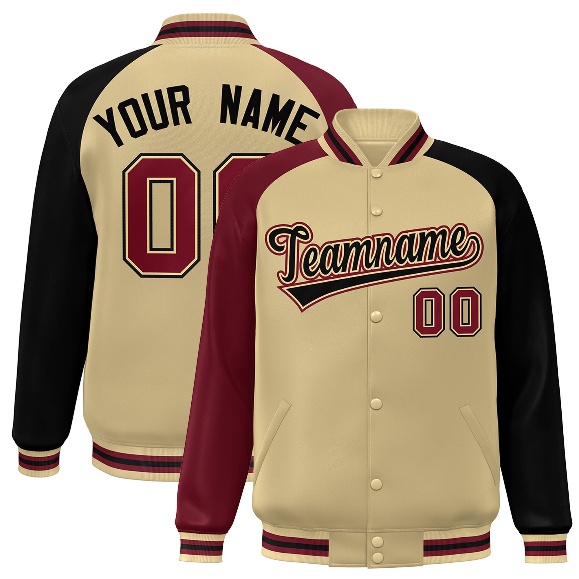 Custom Khaki Black-Crimson Varsity Full-Snap Authentic Raglan Sleeves Letterman Bomber Jacket