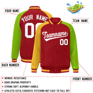 Custom Red Neon Green-Gold Varsity Full-Snap Authentic Raglan Sleeves Letterman Bomber Jacket