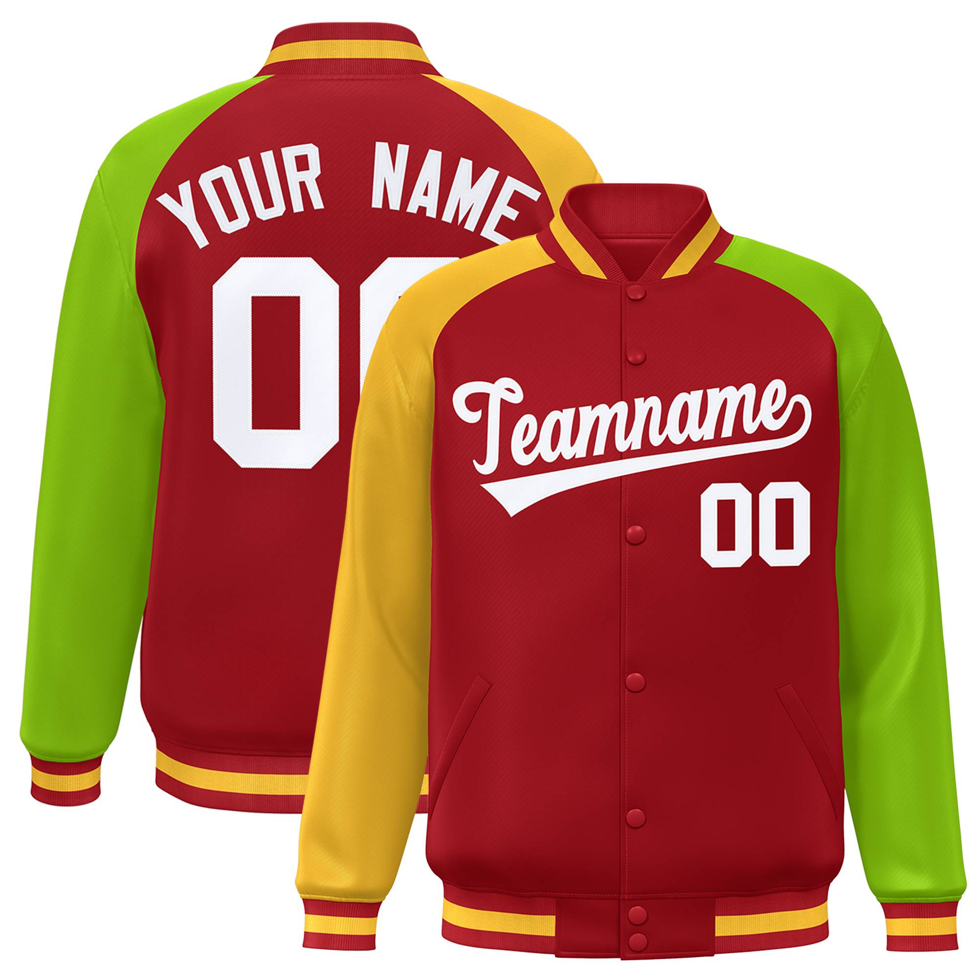 Custom Red Neon Green-Gold Varsity Full-Snap Authentic Raglan Sleeves Letterman Bomber Jacket