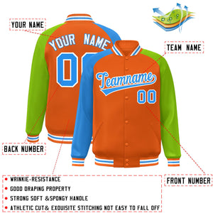 Custom Orange Neon Green-Powder Blue Varsity Full-Snap Authentic Raglan Sleeves Letterman Bomber Jacket