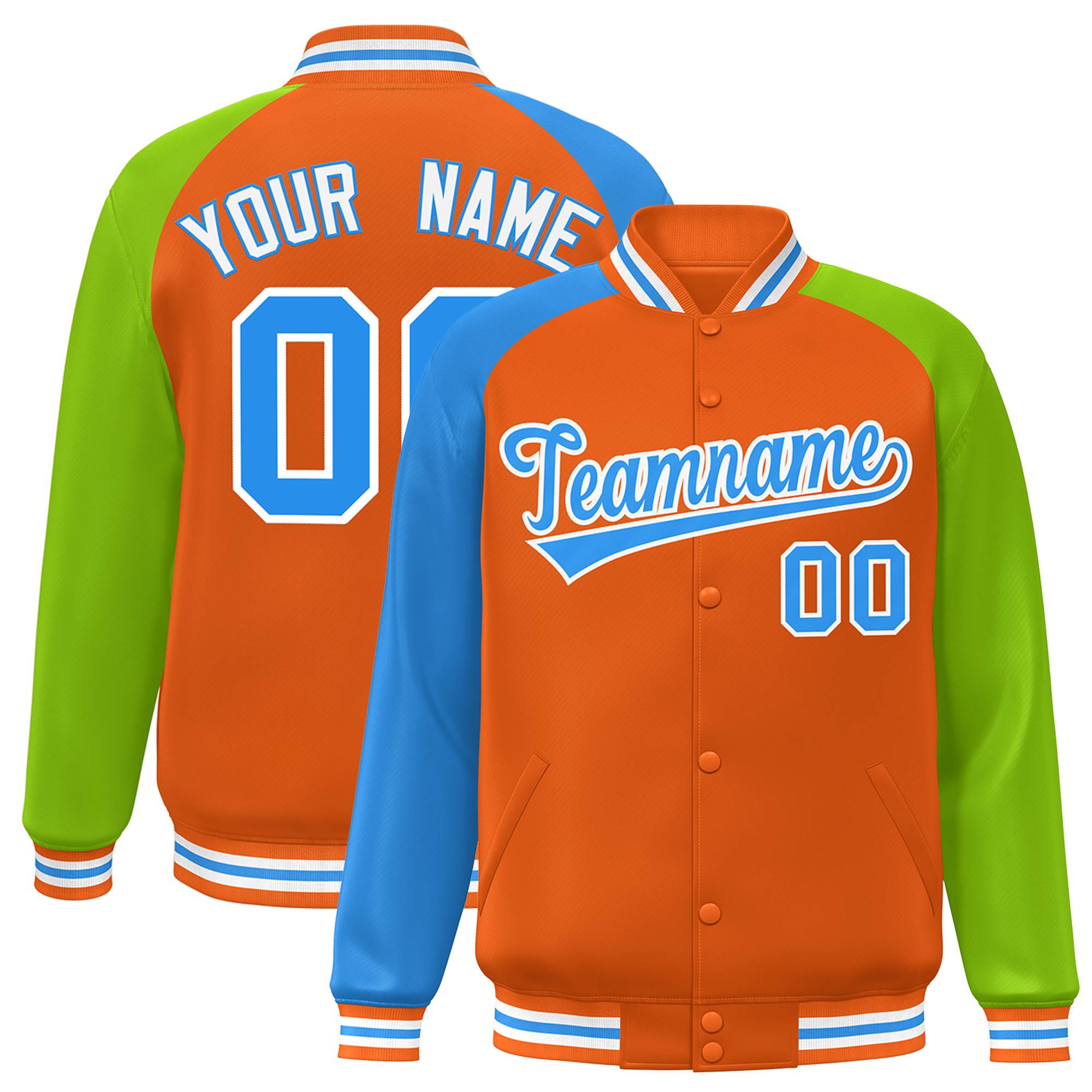 Custom Orange Neon Green-Powder Blue Varsity Full-Snap Authentic Raglan Sleeves Letterman Bomber Jacket