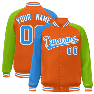 Custom Orange Neon Green-Powder Blue Varsity Full-Snap Authentic Raglan Sleeves Letterman Bomber Jacket