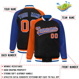 Custom Black Royal-Orange Varsity Full-Snap Authentic Raglan Sleeves Letterman Bomber Jacket