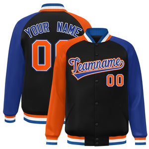 Custom Black Royal-Orange Varsity Full-Snap Authentic Raglan Sleeves Letterman Bomber Jacket