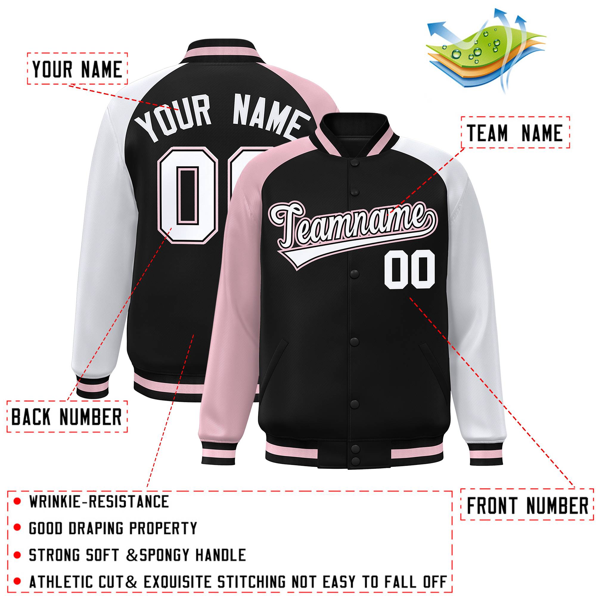 Custom Black White-Light Pink Varsity Full-Snap Authentic Raglan Sleeves Letterman Bomber Jacket