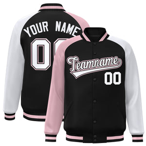 Custom Black White-Light Pink Varsity Full-Snap Authentic Raglan Sleeves Letterman Bomber Jacket