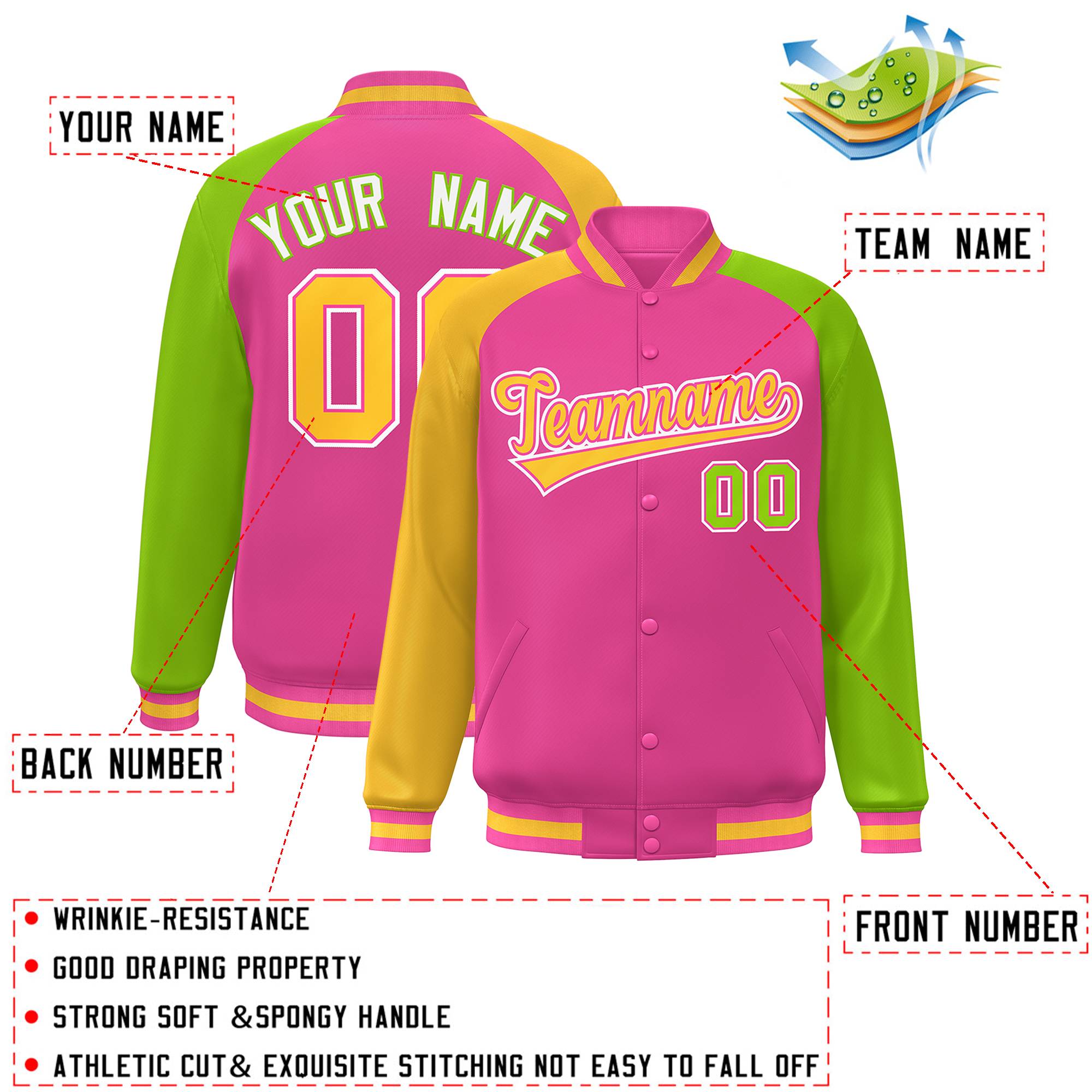 Custom Orange Neon Green-Gold Varsity Full-Snap Authentic Raglan Sleeves Letterman Bomber Jacket