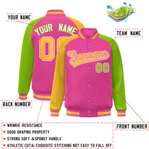 Custom Orange Neon Green-Gold Varsity Full-Snap Authentic Raglan Sleeves Letterman Bomber Jacket