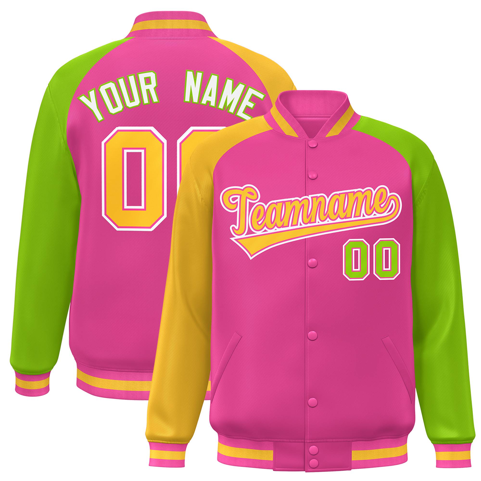 Custom Orange Neon Green-Gold Varsity Full-Snap Authentic Raglan Sleeves Letterman Bomber Jacket