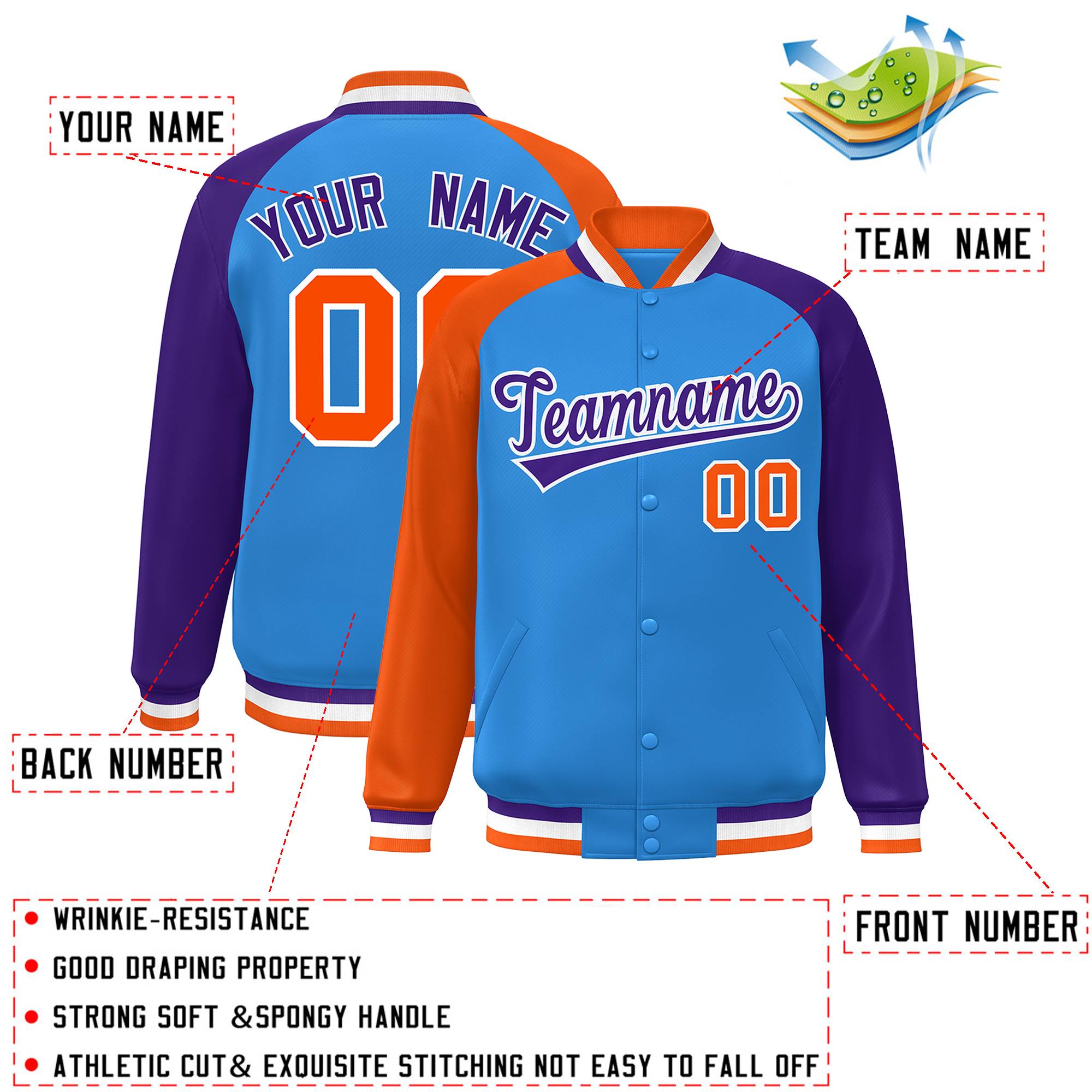 Custom Powder Blue Purple-Orange Varsity Full-Snap Authentic Raglan Sleeves Letterman Bomber Jacket