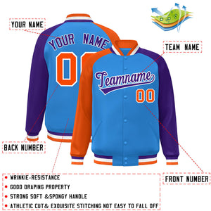 Custom Powder Blue Purple-Orange Varsity Full-Snap Authentic Raglan Sleeves Letterman Bomber Jacket