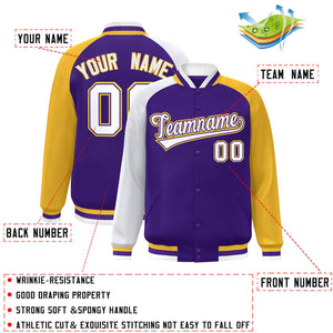 Custom Purple Gold-White Varsity Full-Snap Authentic Raglan Sleeves Letterman Bomber Jacket