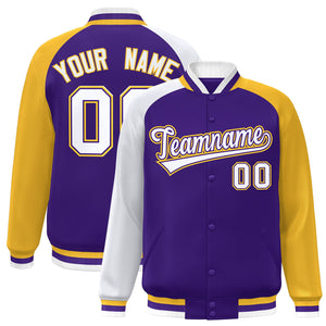 Custom Purple Gold-White Varsity Full-Snap Authentic Raglan Sleeves Letterman Bomber Jacket