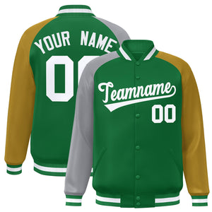 Custom Kelly Green Gold-Gray Varsity Full-Snap Authentic Raglan Sleeves Letterman Bomber Jacket