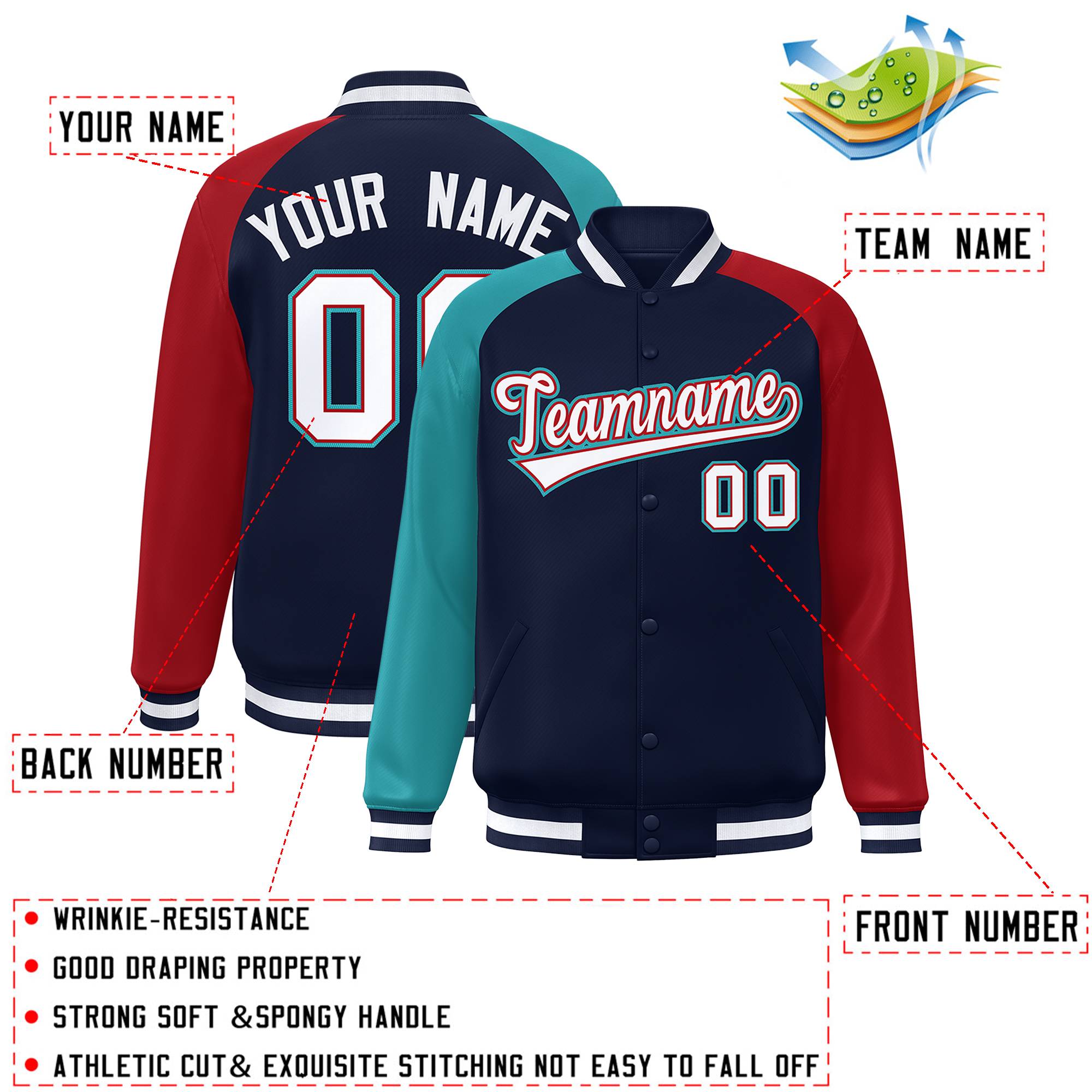 Custom Navy Red-Aqua Varsity Full-Snap Authentic Raglan Sleeves Letterman Bomber Jacket