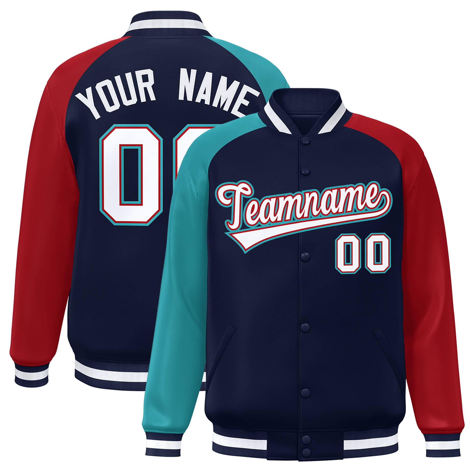 Custom Navy Red-Aqua Varsity Full-Snap Authentic Raglan Sleeves Letterman Bomber Jacket