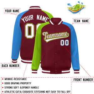 Custom Crimson Powder Blue-Neon Green Varsity Full-Snap Authentic Raglan Sleeves Letterman Bomber Jacket